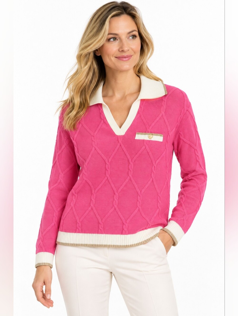 Talbots Pink Cable Knit Johnny Collar Sweater White Gold Accents Medium preppy